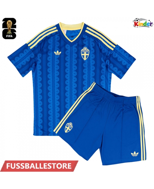 Günstige Schweden Auswärts Trikotsatzt Kinder WM 2026 Kurzarm (+ Kurze Hosen)